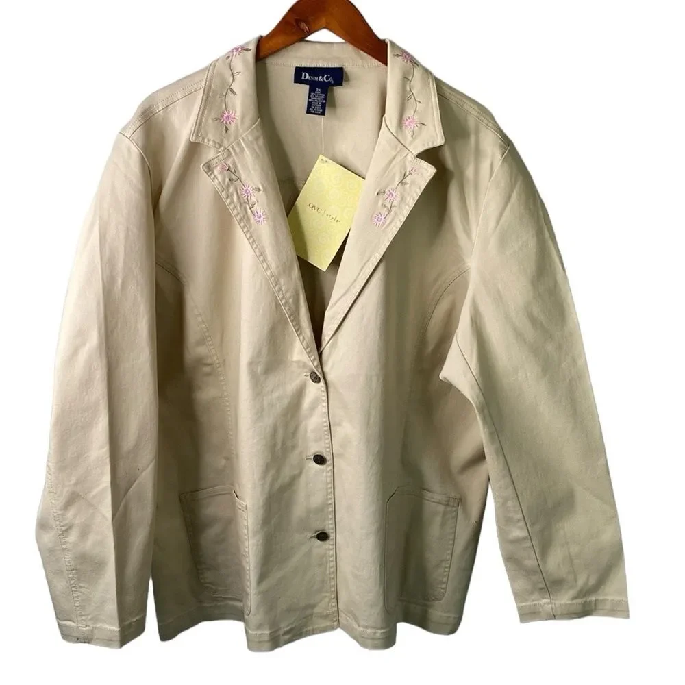 Denim&Co Floral Embroidered Jacket Blazer in Khaki Patch Pockets Stretch Denim